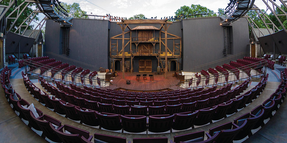 Wide angle view of inside the theatre looking towards the stage.